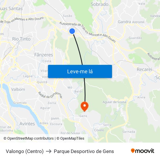 Valongo (Centro) to Parque Desportivo de Gens map