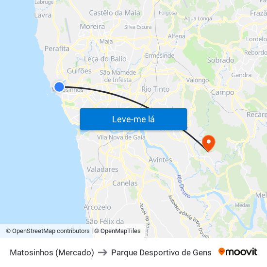 Matosinhos (Mercado) to Parque Desportivo de Gens map