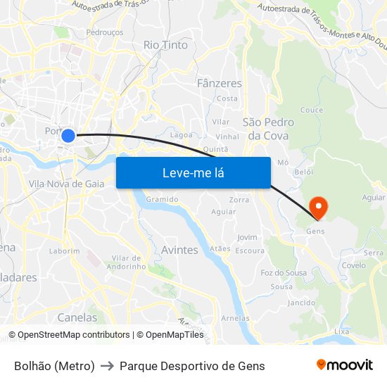Bolhão (Metro) to Parque Desportivo de Gens map