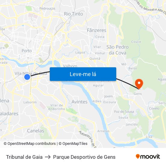 Tribunal de Gaia to Parque Desportivo de Gens map