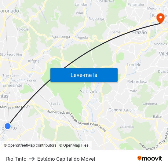 Rio Tinto to Estádio Capital do Móvel map