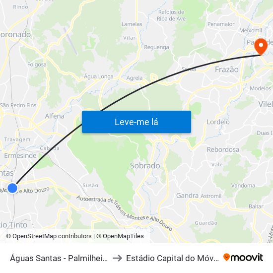 Águas Santas - Palmilheira to Estádio Capital do Móvel map