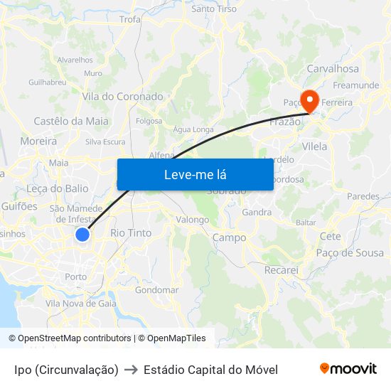 Ipo (Circunvalação) to Estádio Capital do Móvel map