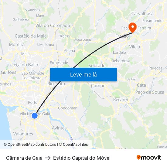 Câmara de Gaia to Estádio Capital do Móvel map