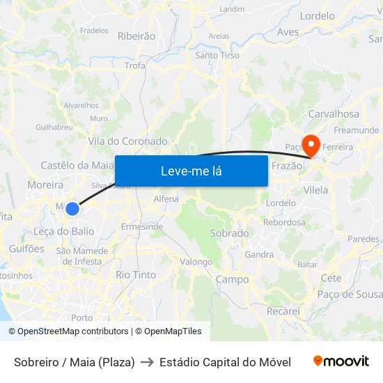 Sobreiro / Maia (Plaza) to Estádio Capital do Móvel map