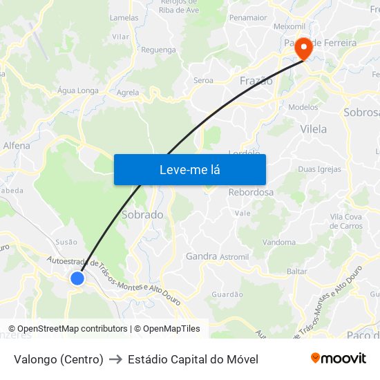 Valongo (Centro) to Estádio Capital do Móvel map