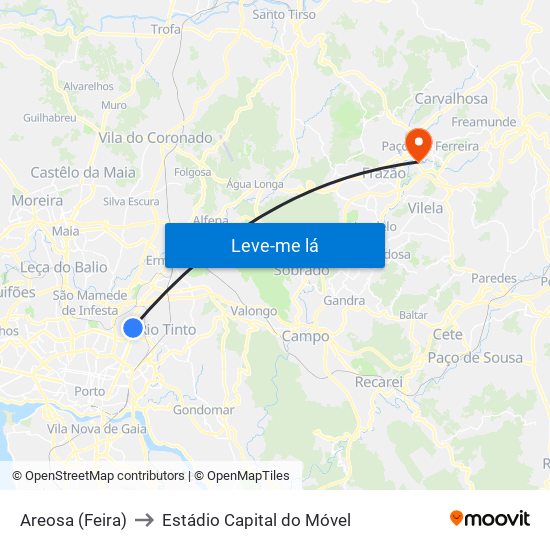 Areosa (Feira) to Estádio Capital do Móvel map