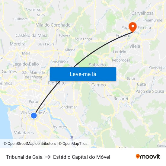 Tribunal de Gaia to Estádio Capital do Móvel map