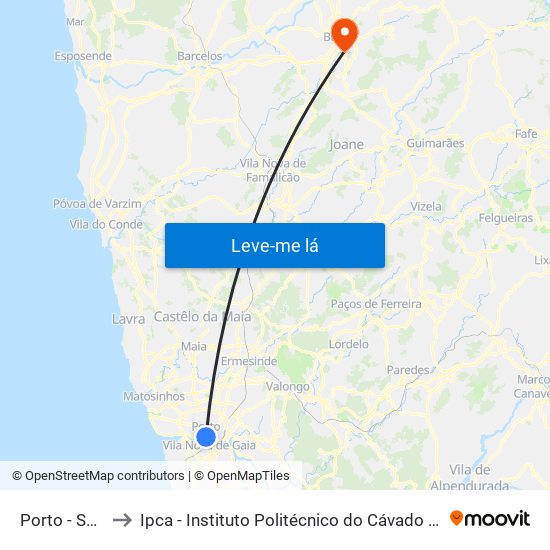 Porto - São Bento to Ipca - Instituto Politécnico do Cávado e do Ave - Pólo de Braga map