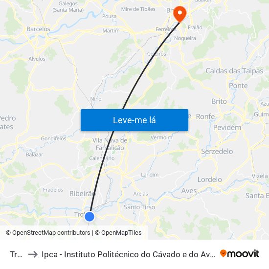 Trofa to Ipca - Instituto Politécnico do Cávado e do Ave - Pólo de Braga map