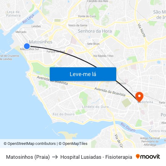 Matosinhos (Praia) to Hospital Lusiadas - Fisioterapia map