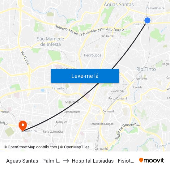 Águas Santas - Palmilheira to Hospital Lusiadas - Fisioterapia map