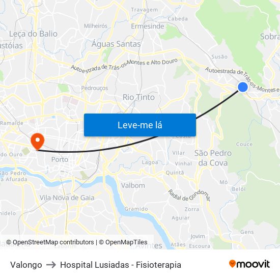 Valongo to Hospital Lusiadas - Fisioterapia map