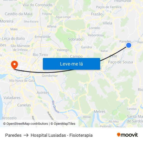 Paredes to Hospital Lusiadas - Fisioterapia map