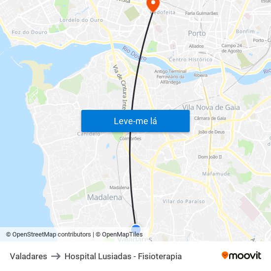 Valadares to Hospital Lusiadas - Fisioterapia map