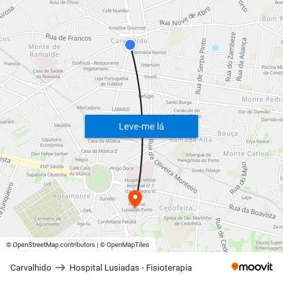 Carvalhido to Hospital Lusiadas - Fisioterapia map