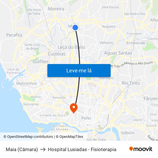 Maia (Câmara) to Hospital Lusiadas - Fisioterapia map