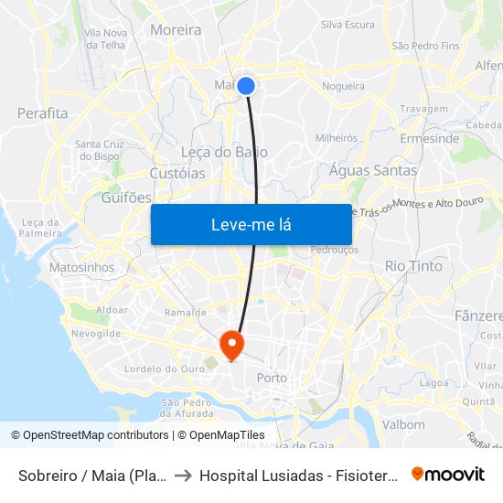 Sobreiro / Maia (Plaza) to Hospital Lusiadas - Fisioterapia map