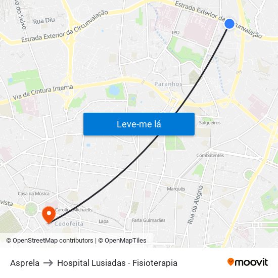 Asprela to Hospital Lusiadas - Fisioterapia map