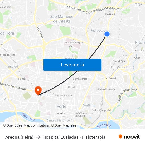 Areosa (Feira) to Hospital Lusiadas - Fisioterapia map