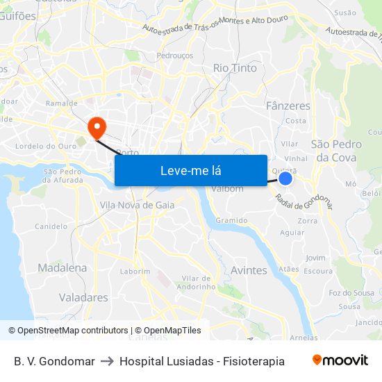 B. V. Gondomar to Hospital Lusiadas - Fisioterapia map