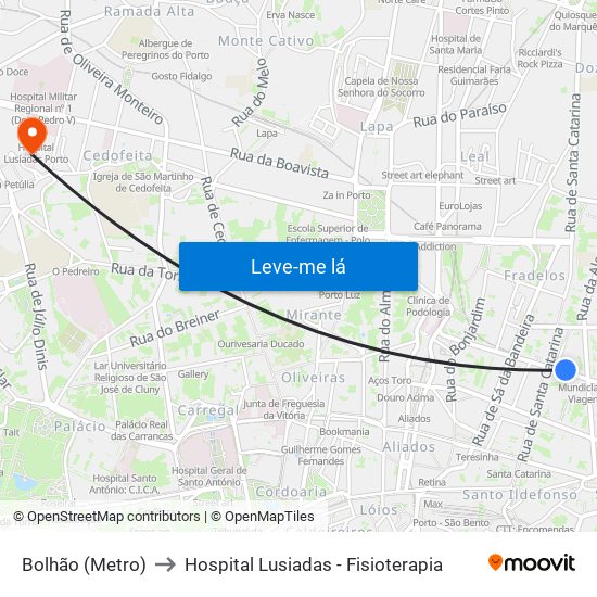 Bolhão (Metro) to Hospital Lusiadas - Fisioterapia map