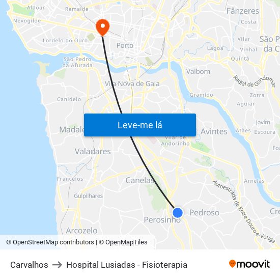 Carvalhos to Hospital Lusiadas - Fisioterapia map