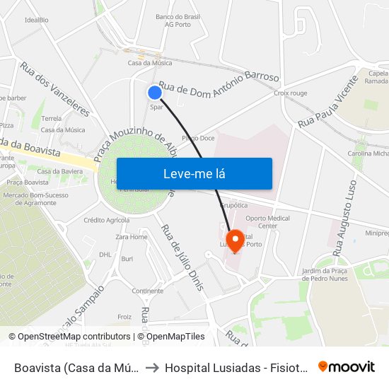 Boavista (Casa da Música) to Hospital Lusiadas - Fisioterapia map