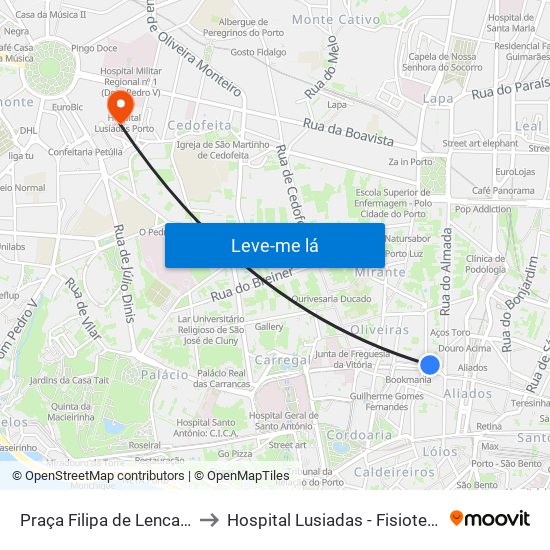 Praça Filipa de Lencastre to Hospital Lusiadas - Fisioterapia map