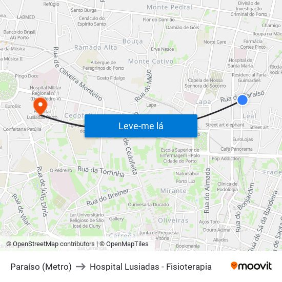 Paraíso (Metro) to Hospital Lusiadas - Fisioterapia map