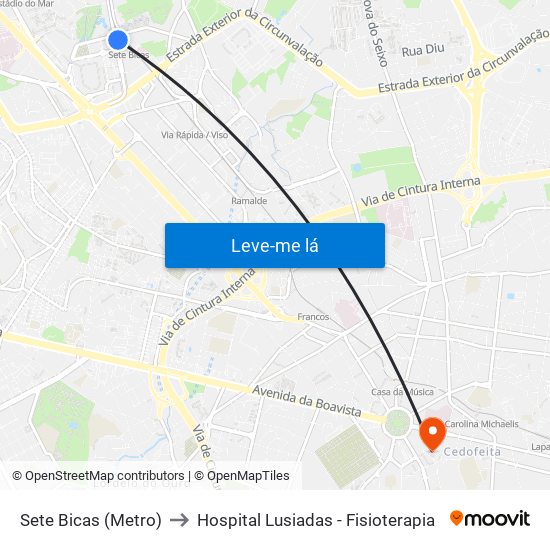 Sete Bicas (Metro) to Hospital Lusiadas - Fisioterapia map