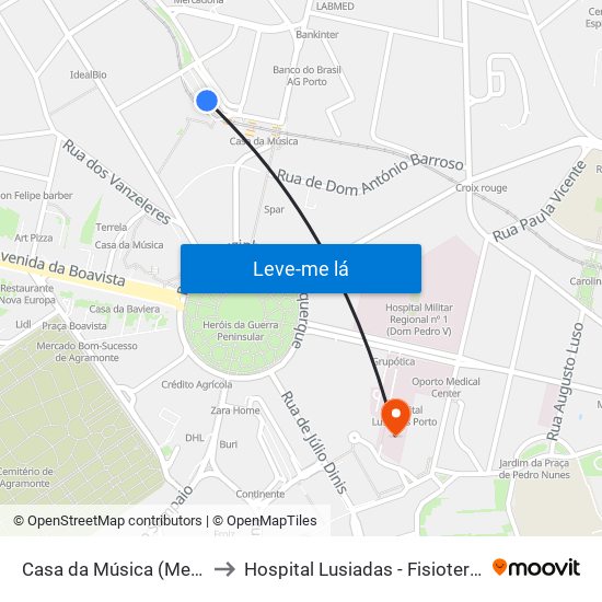 Casa da Música (Metro) to Hospital Lusiadas - Fisioterapia map