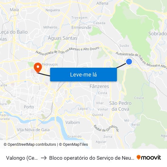 Valongo (Centro) to Bloco operatório do Serviço de Neurocirurgia map