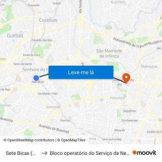 Sete Bicas (Metro) to Bloco operatório do Serviço de Neurocirurgia map