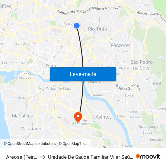 Areosa (Feira) to Unidade De Saude Familiar Vilar Saúde map