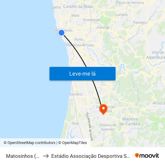 Matosinhos (Praia) to Estádio Associação Desportiva Sanjoanense map