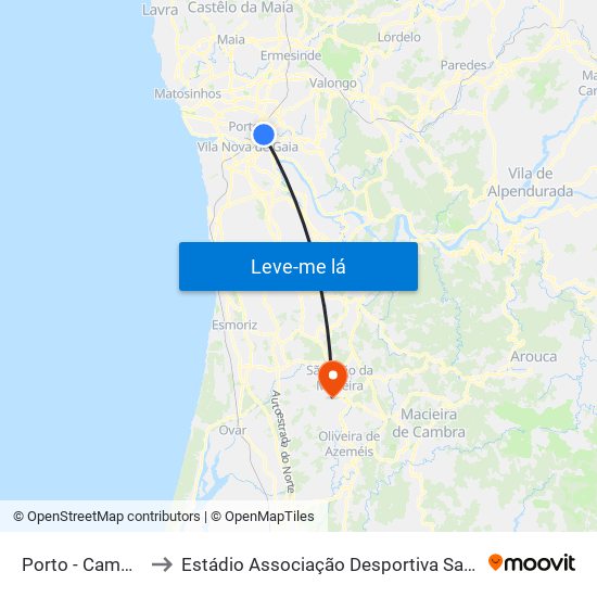 Porto - Campanhã to Estádio Associação Desportiva Sanjoanense map