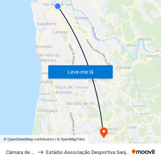 Câmara de Gaia to Estádio Associação Desportiva Sanjoanense map