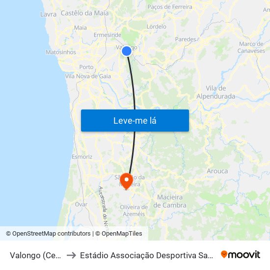 Valongo (Centro) to Estádio Associação Desportiva Sanjoanense map