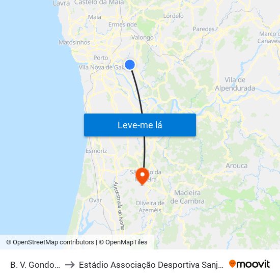 B. V. Gondomar to Estádio Associação Desportiva Sanjoanense map