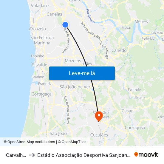 Carvalhos to Estádio Associação Desportiva Sanjoanense map