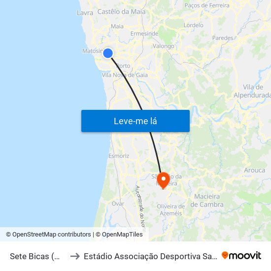 Sete Bicas (Metro) to Estádio Associação Desportiva Sanjoanense map