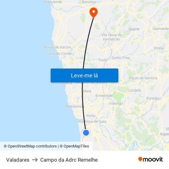 Valadares to Campo da Adrc Remelhe map