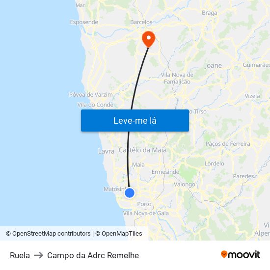 Ruela to Campo da Adrc Remelhe map