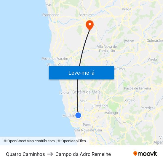 Quatro Caminhos to Campo da Adrc Remelhe map