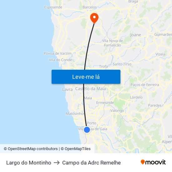 Largo do Montinho to Campo da Adrc Remelhe map