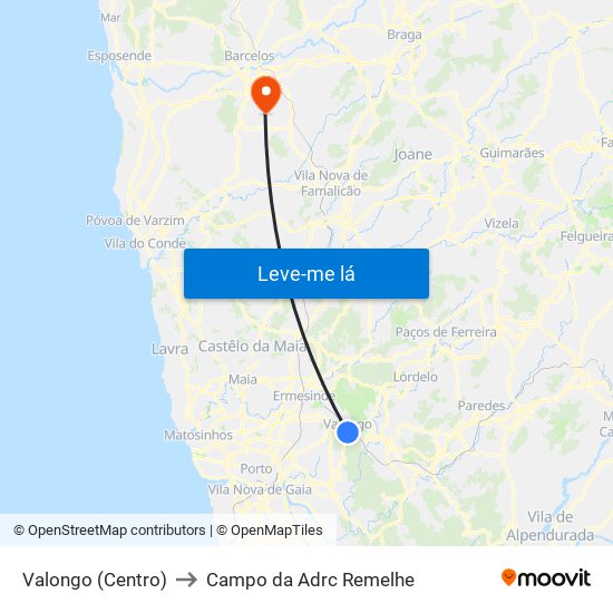 Valongo (Centro) to Campo da Adrc Remelhe map
