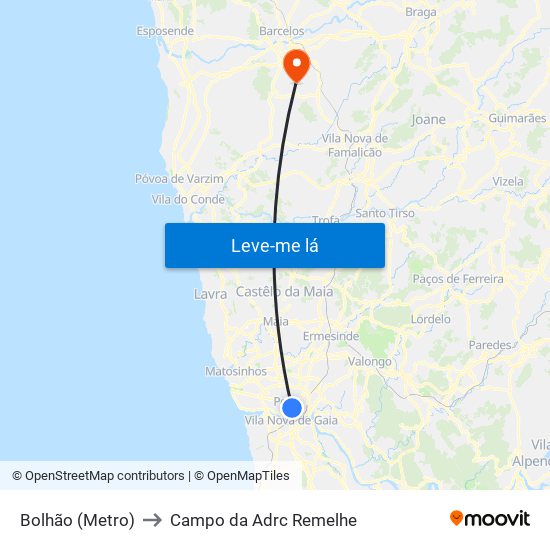 Bolhão (Metro) to Campo da Adrc Remelhe map