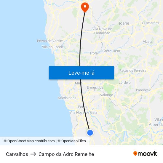 Carvalhos to Campo da Adrc Remelhe map