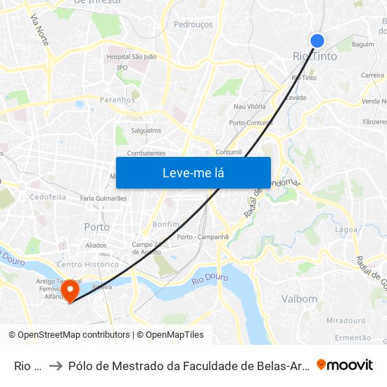 Rio Tinto to Pólo de Mestrado da Faculdade de Belas-Artes da Universidade do Porto map